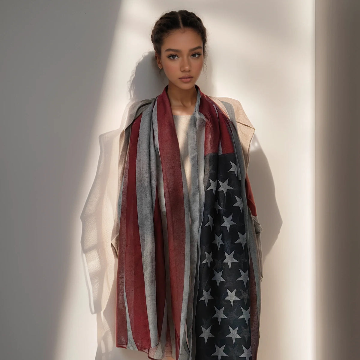 Popular Shawl American Flag Oblong Scarfs Patriotic Stars Pattern Headscarf Muffler Voile Soft Wrap Geometric Stripes Scarf