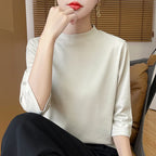 Summer And Autumn New 100% Cotton T-shirt Women's Semi-High-Necked Cropped Sleeves Loose Solid Color Bottoming Top