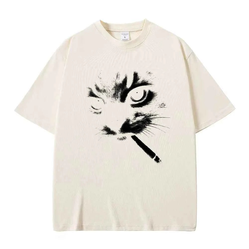 Funny Meme Smoking Cat Face Graphic T-shirts Men Women Casual Cotton Vintage T Shirts Men's Oversized T-shirts Cats Lovers Gifts