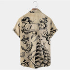 Vintage Men's Mermaid Print Shirts Boat Anchor Print Button Shirts Summer Ocean Element Shirts Men's Hawaiian Leisure Shirts