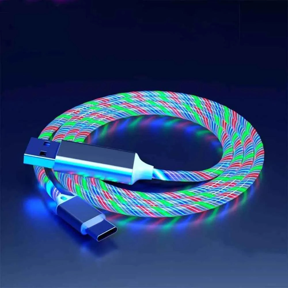 Glowing LED 3 IN 1 Cable For Samsung Xiaomi iPhone Flowing Streamer Light Fast Charger USB C Cord Luminous Type C Cable
