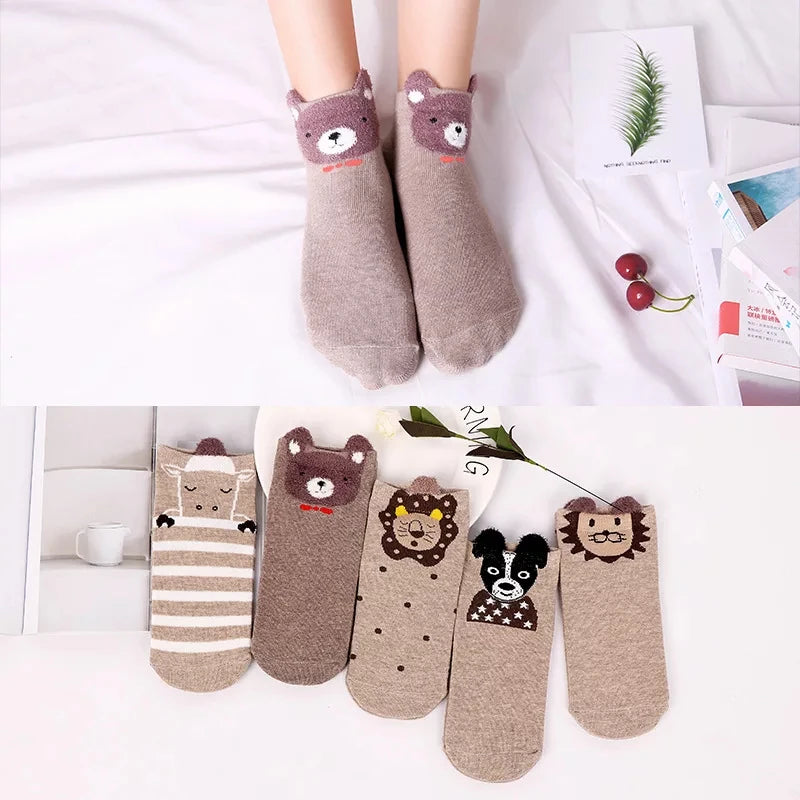 5 Pairs Lot Pack Women Socks Spring Summer Animal Unicorn Cat Fox Ear Cartoon Happy Funny Cute Lovely Cotton Ankle Socks Heart