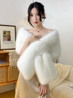 2025 Elegant Faux Fox Fur Shawl Women Scarf Collar Winter Warm Cape Wedding Solid Pashmina Plush Wrap Luxury
