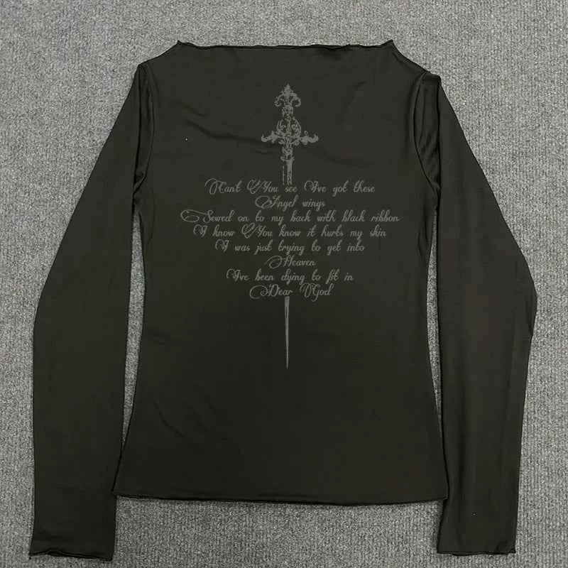 Y2k Aesthetics Crop Tops Graphic Printed T Shirt Fairycore Grunge Clothes Korean Fashion Harajuku Gothic Streetwear Long Sleeves