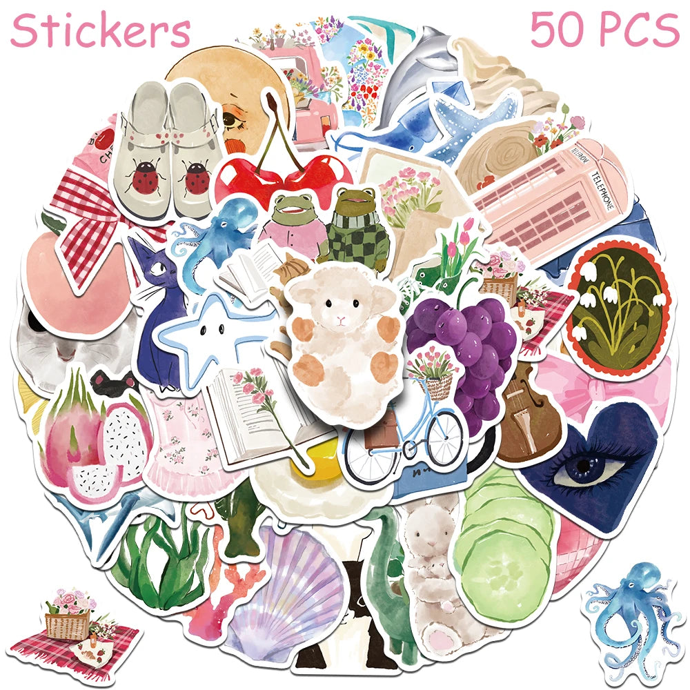 50/100pcs Cartoon Watercolor Dairy Stickers Decals For Phone Laptop Scrapbook Luggage Helmet DIY Graffiti Aesthetic Stickers