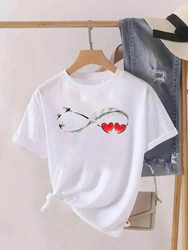 Love Heart Feather Trend Women Fashion Clothing Graphic T-shirts Clothes Print Female Shirt Short Sleeve Lady Casual Tee