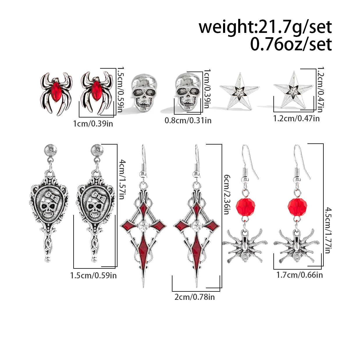 Ingemark 6Pairs/Set Halloween Red Crystal Skull Spider Metal Drop Earrings for Women Goth Cross Rose Piercing Earrings Jewelry