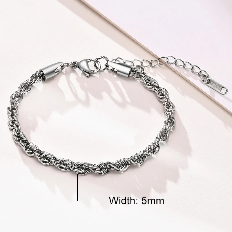 Vnox Unisex Rope Chain Bracelets for Men Women, Stainless Steel Twisted Links Chain Bracelet,Simple Classic Jewelry Gift for Him