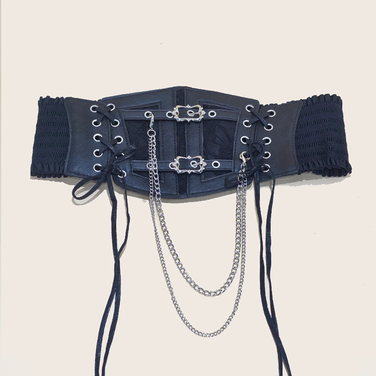 Lace Corset Punk Black Wide Belt With Chain Pu Leather Slimming Body Belts for Women Elastic High Waist Belt Female Cummerbunds