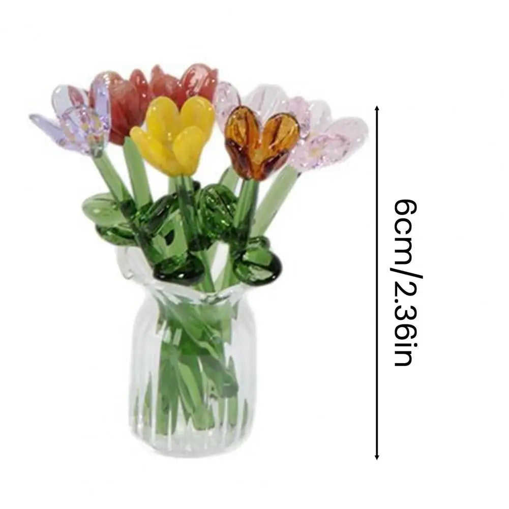 Glass Flower Decor Handcrafted Floral Sculpture Hand-blown Glass Flower Bouquet with Vase Mini Floral Decoration for Home Room