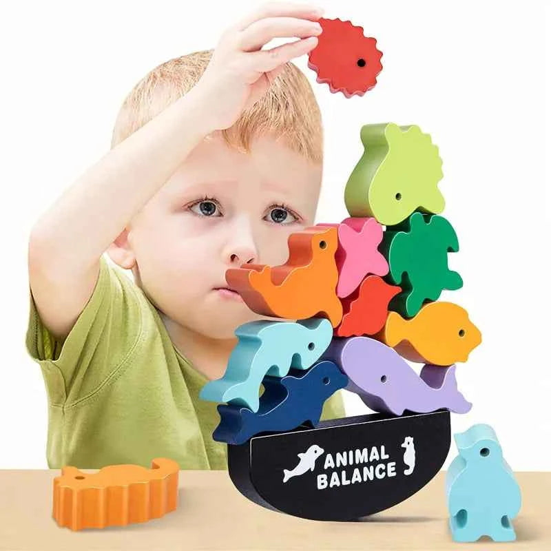 New Children Montessori Wooden Animal Balance Blocks Board Games Toy Dinosaur Educational Stacking High Building Block Wood Toy