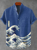 Summer Men's Short Sleeve Shirt Wave Vintage 3D Printed Casual Fashion Linen 100% Men's Beach Holiday Short Sleeve Shirt