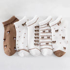 5 Pairs/Lot Socks Women's Short  Ankle Low Cut No-Show Foot Cute Bear Hearts Print  School Cotton  Breathable Set Casual Retro