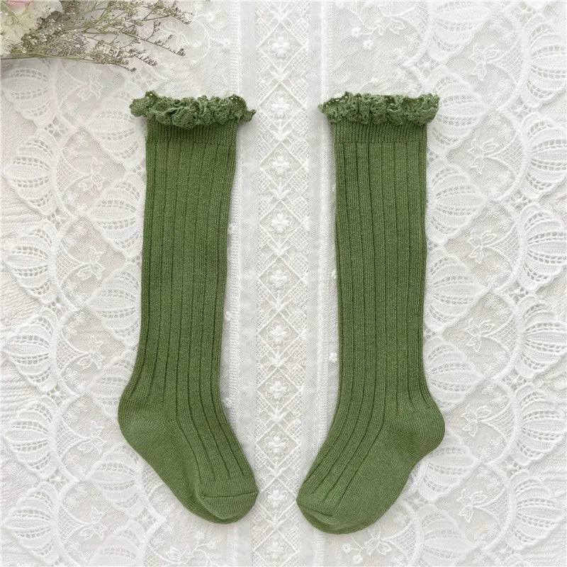 Ruffle Girls Knee High Socks Baby Kids Toddlers Long Soft Cotton Sock Lace Flower Children School Uniform Socks For 0-8Years