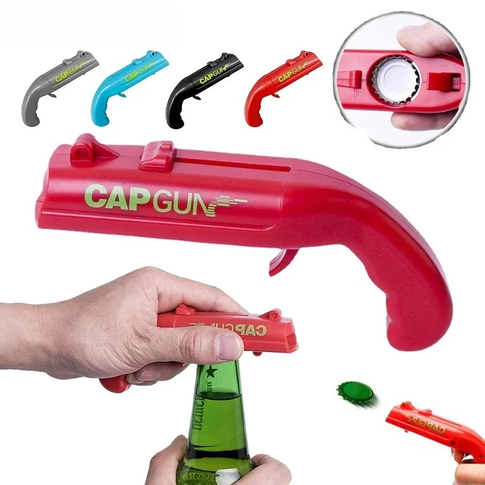 Portable Cap Gun Bottle Opener – Creative Flying Cap Launcher Bar Tool