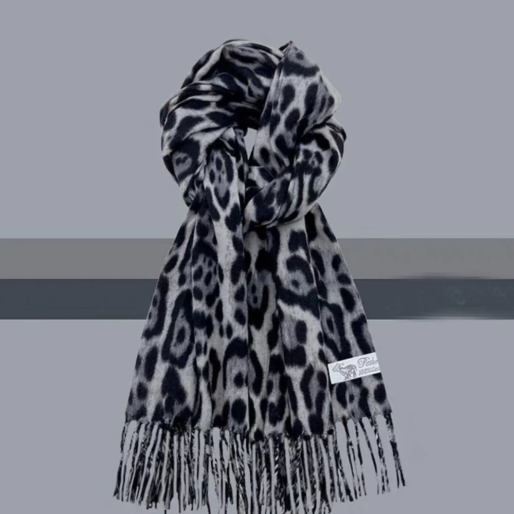 Korean Leopard Tassels Shawl Imitation Cashmere Thickened Foulard Pashmina Hijabs Windproof Lady Scarves Wraps for Women Man