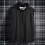 Men's lace up hooded sleeveless vest, men's summer loose solid color hip-hop T-shirt top, sports vest