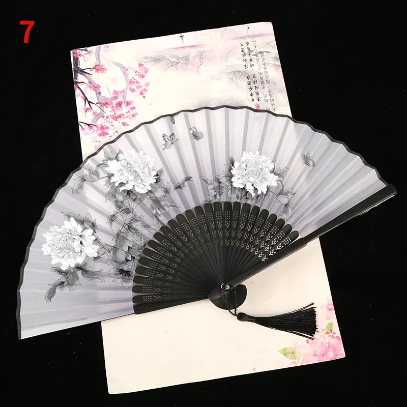 Vintage Silk Folding Fan Bamboo Tassel Decorative Hand Fan