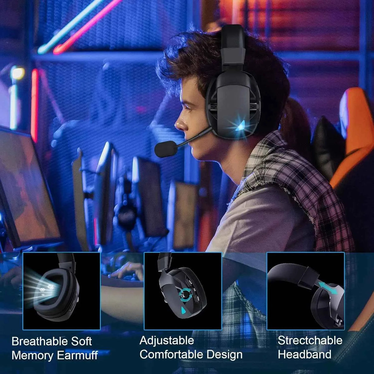 Gaming Headset with Detachable Noise Cancelling Microphone,2.4G Bluetooth-USB-3.5mm Wired Jack 3 Modes for Multi-device