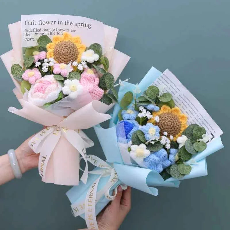Finished Knitted Flowers Sunflowers Crochet Bouquet Creative Knitted Flowers Valentine Mothers' Day Birthday Graduation Gifts