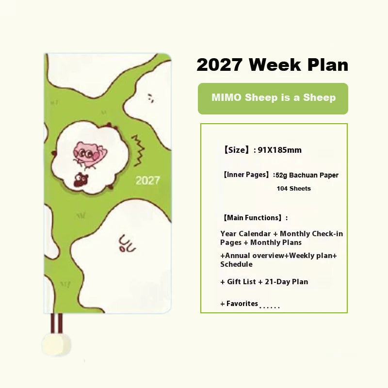 2027 Kinbor Portable Week Planner Daily Journal Notebook Month Year Weeks Plan 52g Bachuan Paper Book Gift for Back To School