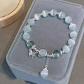 Dainty Blue Cats Eye Beaded Bracelet, Cute Butterfly Charm Elastic Hand Chain, Moonlight Opalite Stone Jewelry, Graduation Birthday Gift for Best Friend Teen