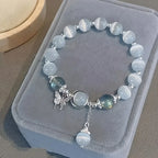 Dainty Blue Cats Eye Beaded Bracelet, Cute Butterfly Charm Elastic Hand Chain, Moonlight Opalite Stone Jewelry, Graduation Birthday Gift for Best Friend Teen