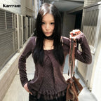 Karrram Japanese Y2k Knitted Tops Two Piece Set Vintage Harajuku Button Knit T-shirt Sets Korean 2000s Style Knitwear American