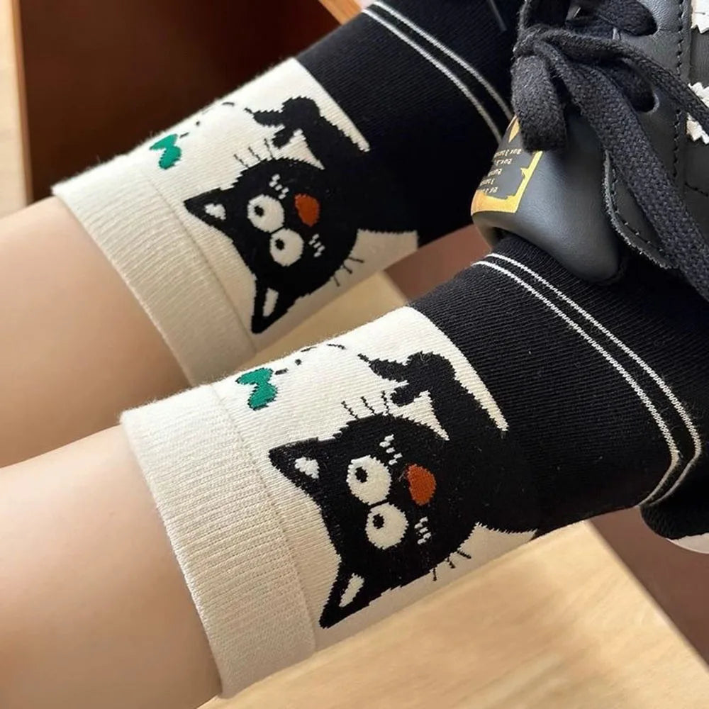 4 Pairs  Cute Socks with Personality Polka Dots Cat Korean-style INS Stacked Socks for All Seasons Student Mid-calf Socks