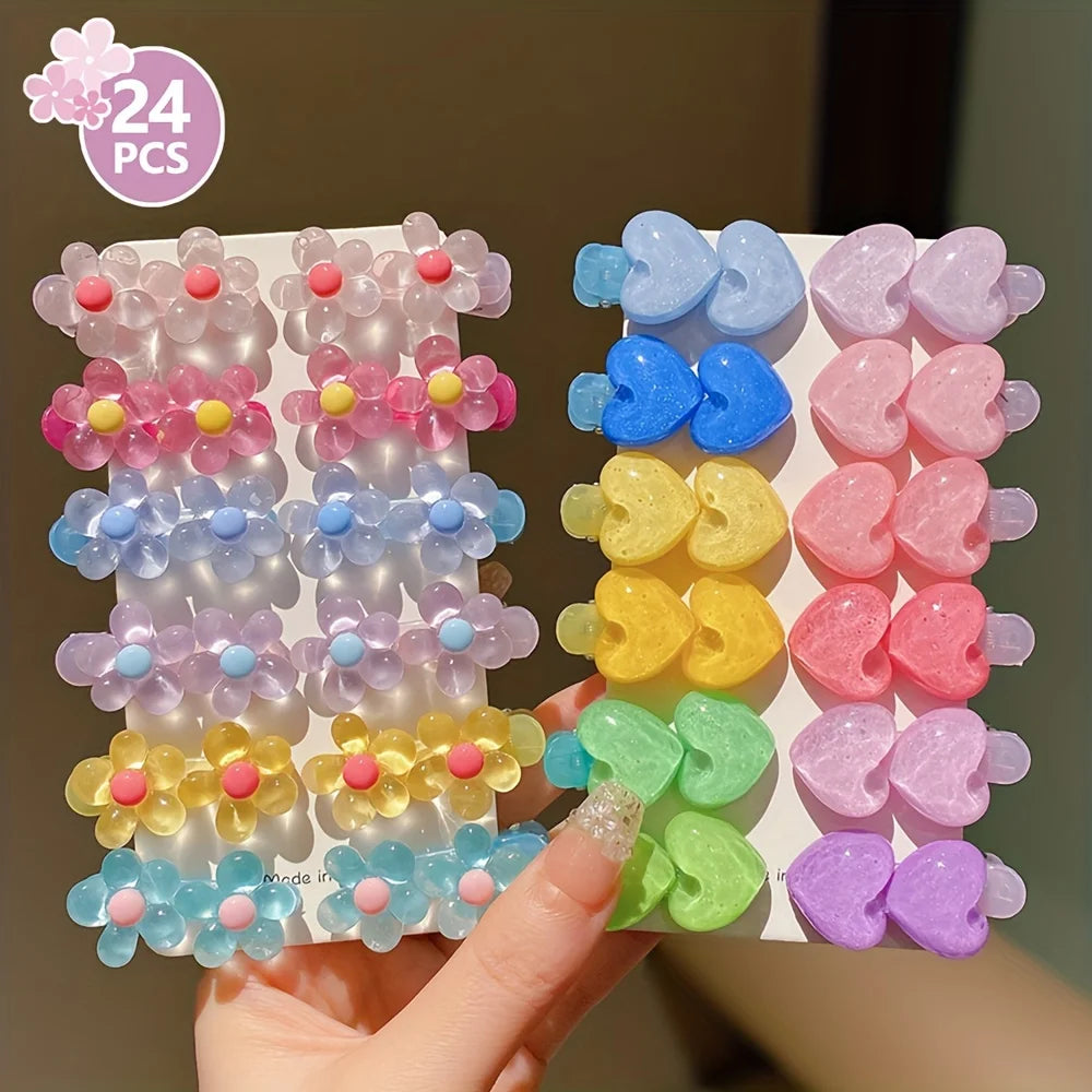 12/24pcs Kidsren's Rainbow Color Cute Flower Heart Small Hairpin