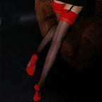 Vintage Cuban Heel Back Seam Thigh High Stockings Oil Shiny Ultra Thin Transparent Silk Hosiery Women Sexy Patchwork Lingerie