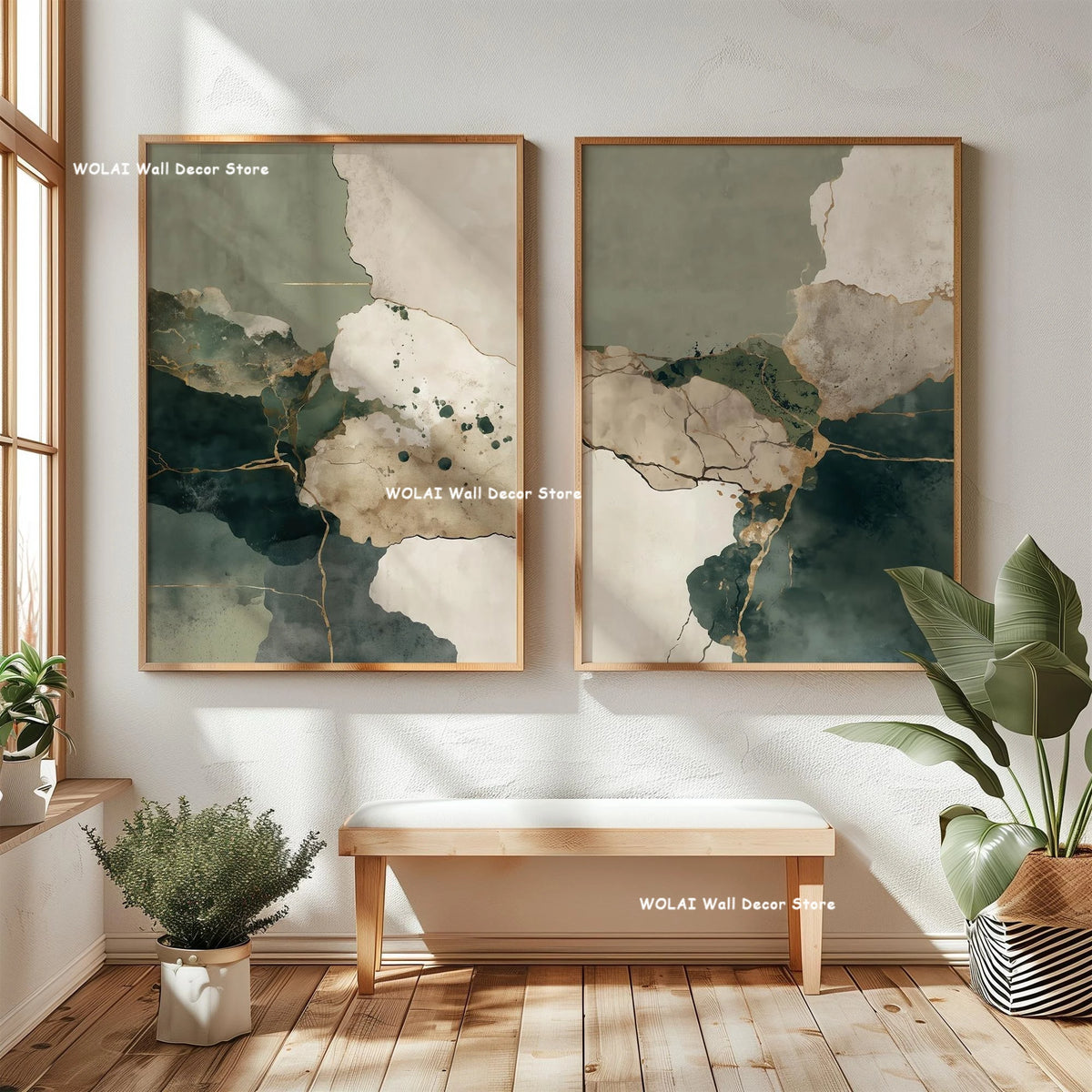2pcs/set Japanese Retro Wabisabi Mountain Abstract Canvas Printing Abstract Green Sunset Flying Crane Wall Art Poster Home Decor