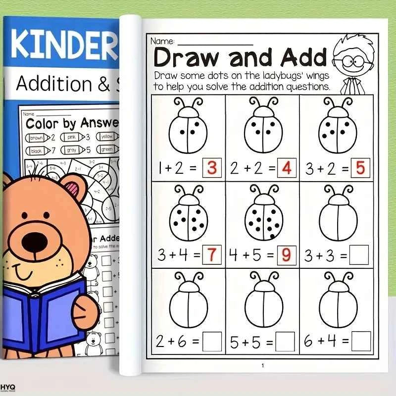 32-Page Interactive Math Learning Workbook with Addition & Subtraction Worksheets, Crossword Puzzles, Colorful Math Activities