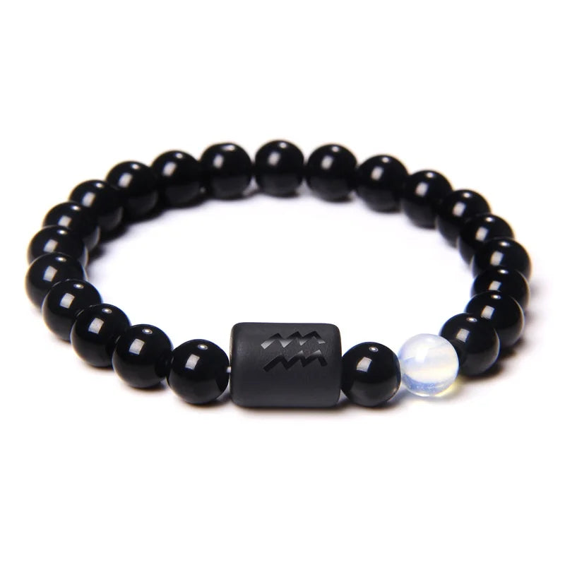 12 Constellation Zodiac Signs Beads Couples Bracelet Natural Black Onyx Stone Elastic Charm Bracelet for Women Men Birthday Gift