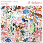 50/100pcs Cartoon Watercolor Dairy Stickers Decals For Phone Laptop Scrapbook Luggage Helmet DIY Graffiti Aesthetic Stickers