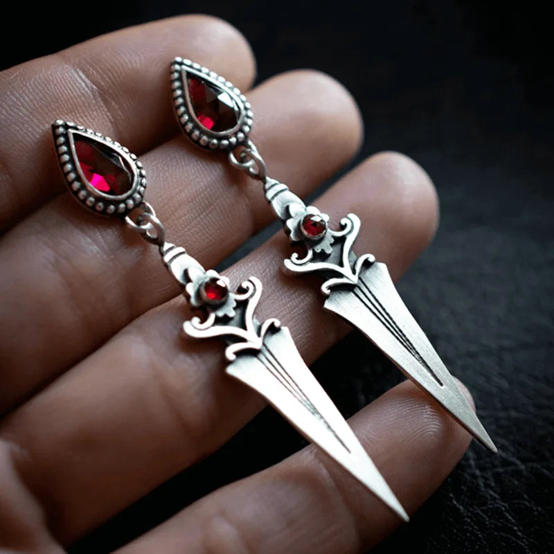 Gothic Sword Drop Earrings Red Stone Dangle Halloween Jewelry
