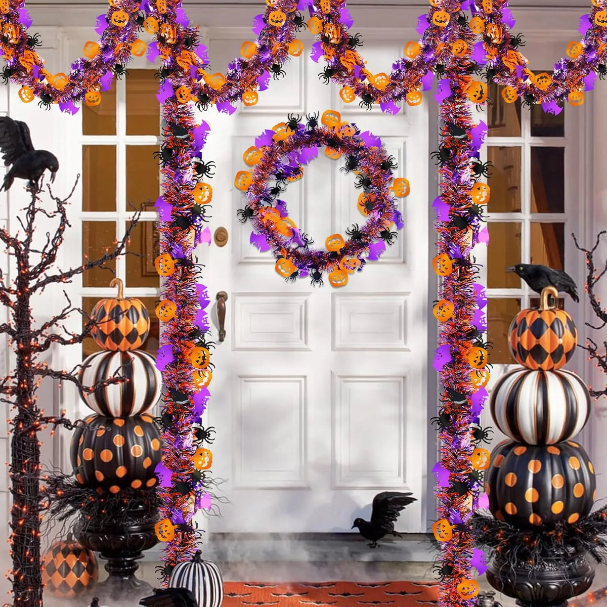 2m Halloween Tinsel Garland with Pumpkin Spider Bat Shiny Metallic Twist Garland for Home Tree Indoor Outdoor Party Decorations