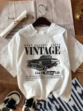 Vintage Car Print T-Shirt, Crew Neck, Medium Stretch Knit Fabric, Casual Sports Style, Spring/Summer Top, 180g/M² - Red,Breathable And Comfortable Short-Sleeved Round-Neck Top, Suitable For All Seasons, Everyday Wear For Wom