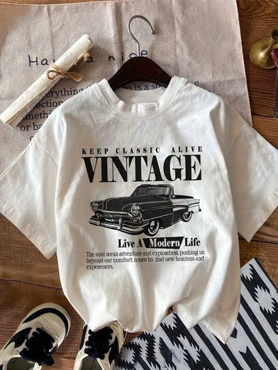 Vintage Car Print T-Shirt, Crew Neck, Medium Stretch Knit Fabric, Casual Sports Style, Spring/Summer Top, 180g/M² - Red,Breathable And Comfortable Short-Sleeved Round-Neck Top, Suitable For All Seasons, Everyday Wear For Wom