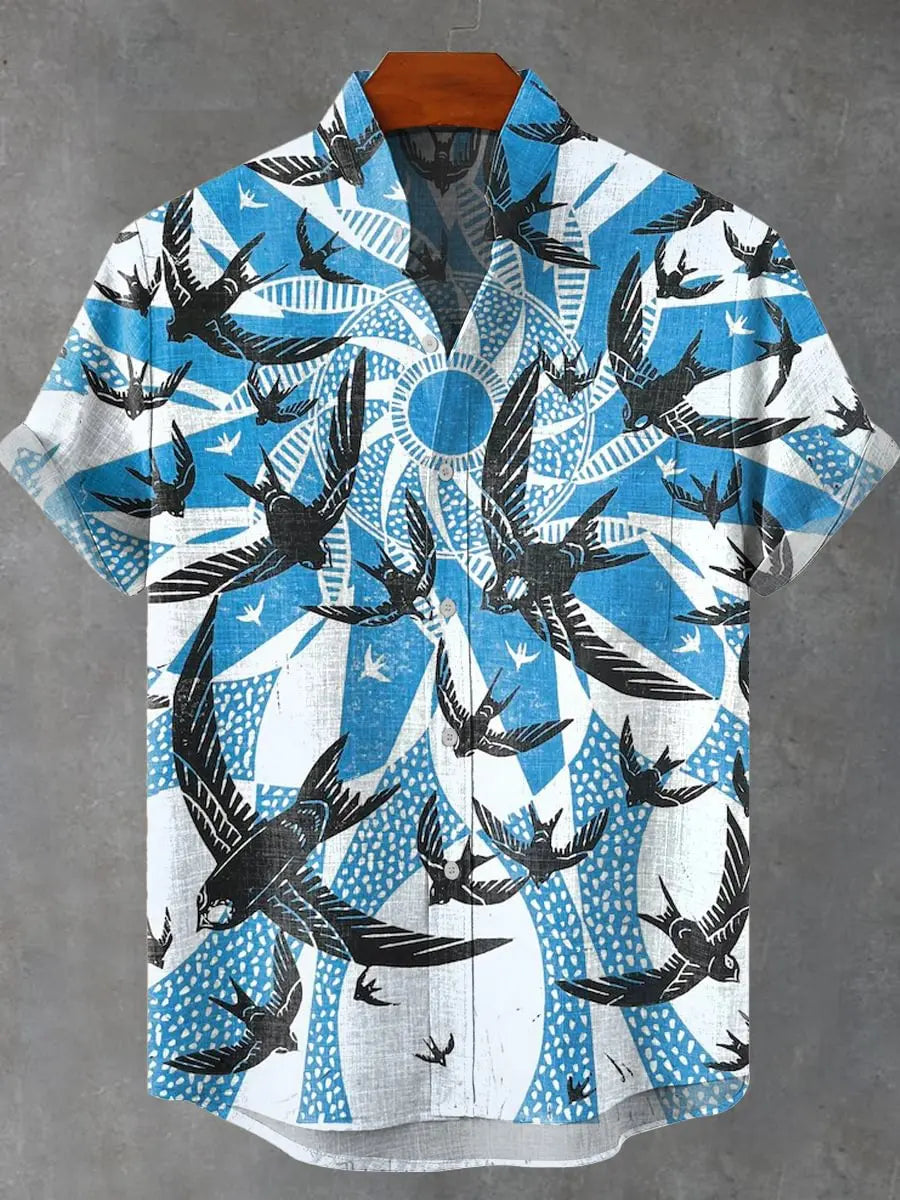 Summer Men's Short Sleeve Shirt Wave Vintage 3D Printed Casual Fashion Linen 100% Men's Beach Holiday Short Sleeve Shirt