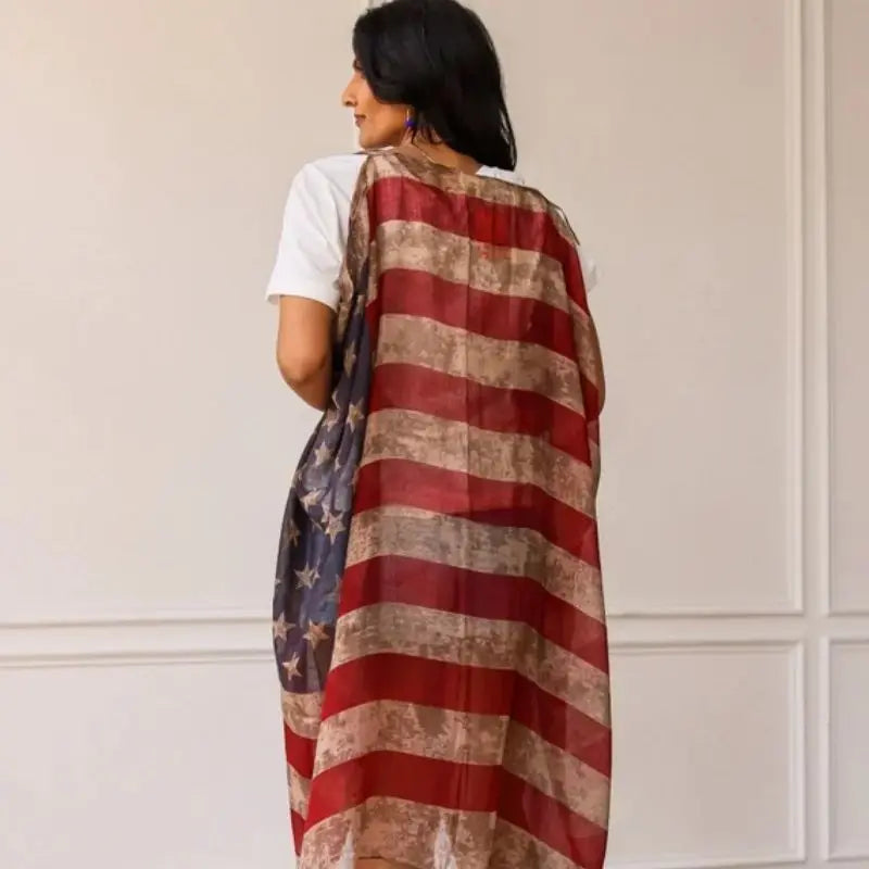 Popular Shawl American Flag Oblong Scarfs Patriotic Stars Pattern Headscarf Muffler Voile Soft Wrap Geometric Stripes Scarf