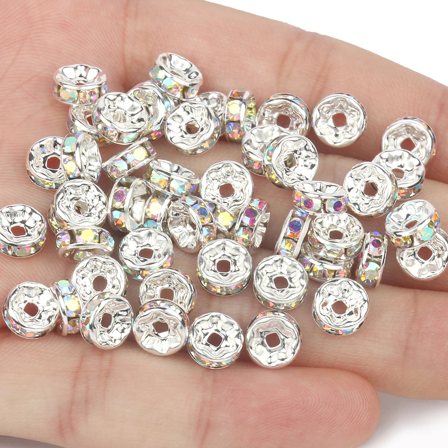 50pcs Rhinestone Spacer Beads Multi-color Crystal Metal Spacers Rondelle Beads for Jewelry Making DIY Bracelets Accessories