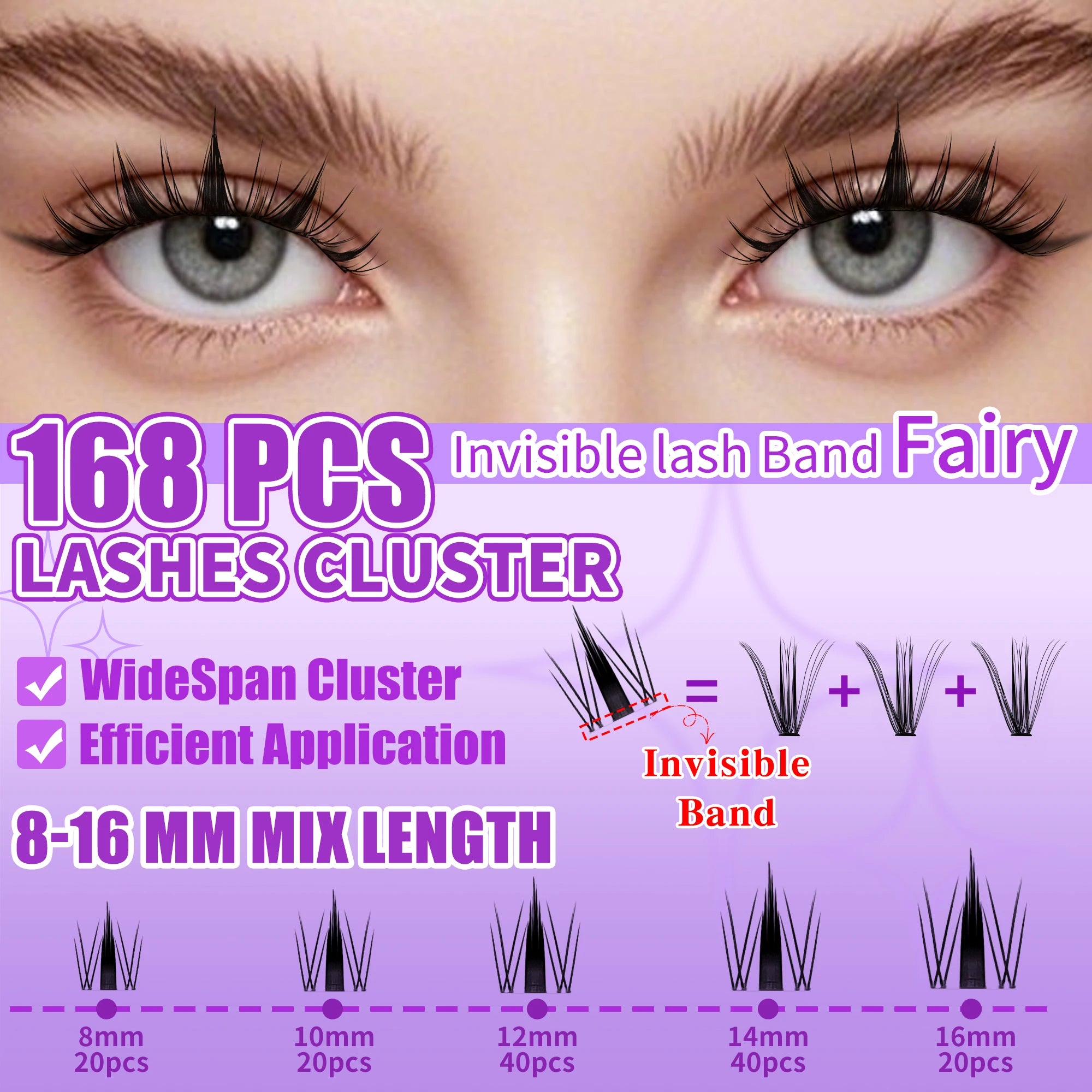 LAKANAKU 168 Fans Diy Cluster Lashes Cat Eye Lashes Invisible Band Premium Mink Manga Lash Clusters
