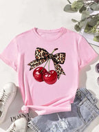 Fashion Cherry Print Women T-Shirt Short Sleeve Crew Neck Casual Tops for Summer Spring Women's Clothing Tops Tees