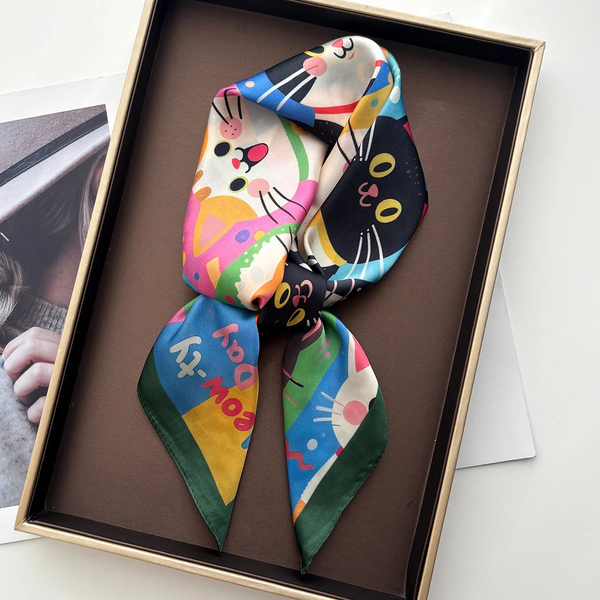 Imitation Silk  Square Scarf Women Animal Cat Printed Fashion Accessories Hairband Foualrd Bandana Neckercheif