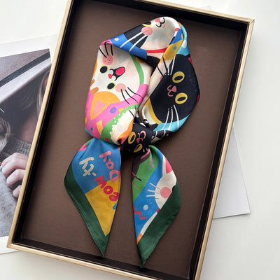 Imitation Silk  Square Scarf Women Animal Cat Printed Fashion Accessories Hairband Foualrd Bandana Neckercheif