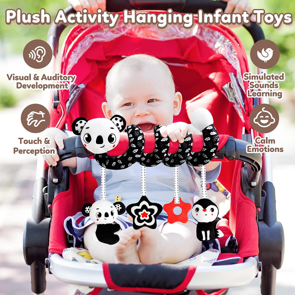 Newborns Spiral Hanging Activity Stroller Toy Baby Carseat Toy Black & White Lion Koala Rattle  for Crib Mobile Sensory Toy Gift