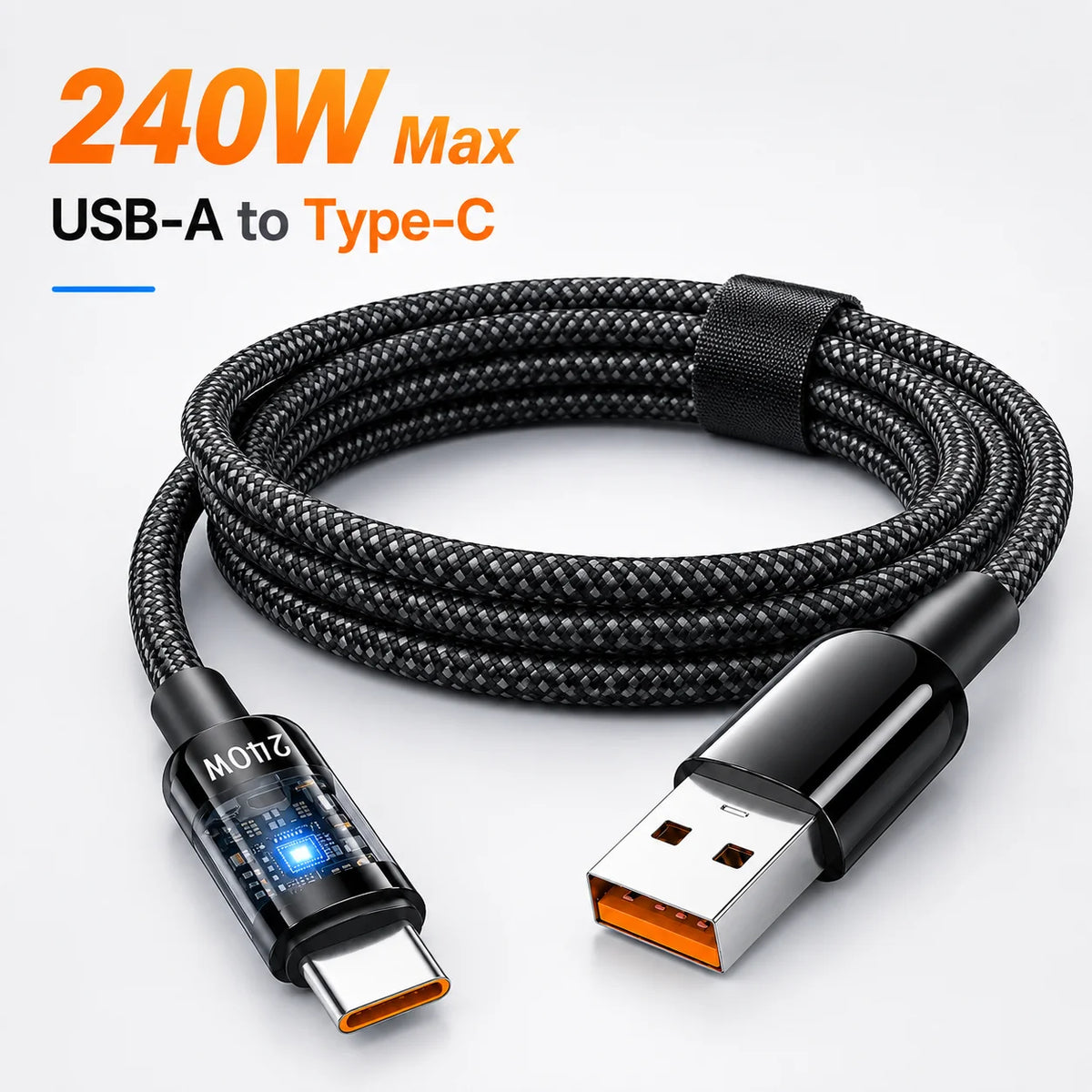 240W USB C Nylon Braided Fast Charging Cable LED Digital Display Type C Data Wire for Samsung Xiaomi Huawei Honor Mobile Phone