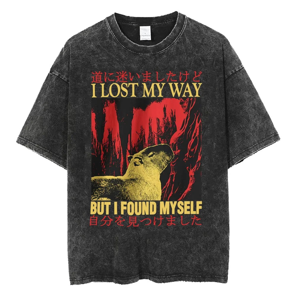 Creepy Cute Animal Graphic T-Shirts Vintage Washed Black Tees Funny Horror & Relatable Quotes Perfect for Anime Fans Streetwear