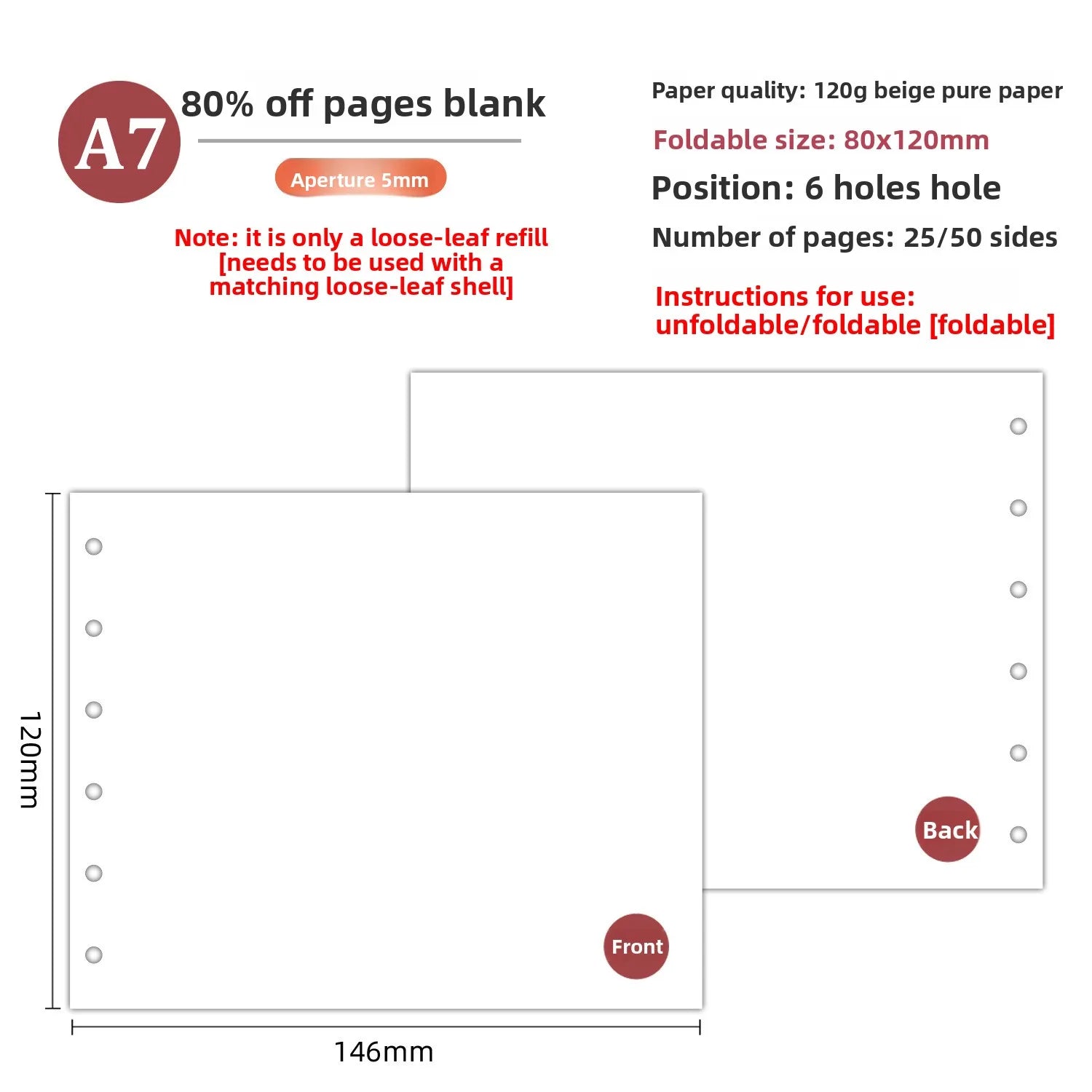 A7 50Sheets Loose Leaf Notebook Refill Spiral Binder Inner Page Weekly Monthly To Do Line Grid Inside Paper Stationery